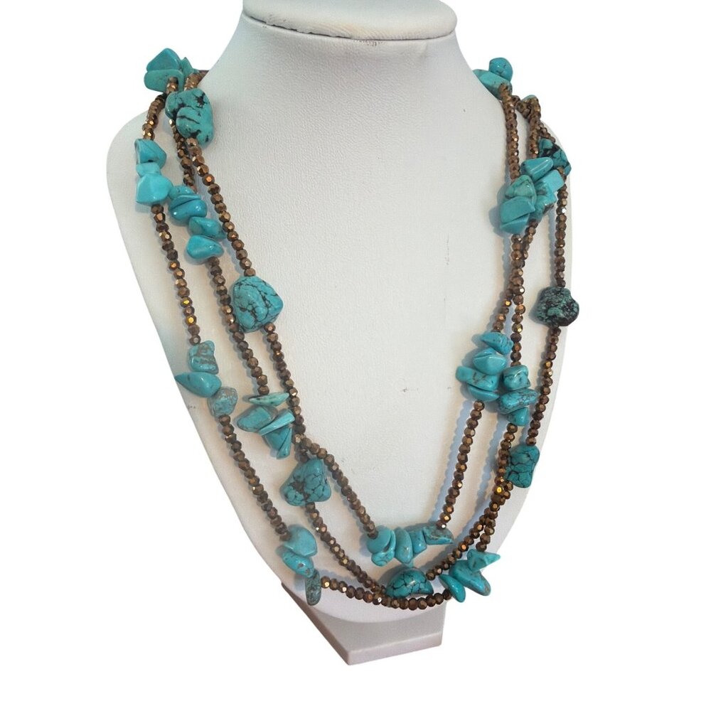 Vintage 3 Strand Bronze Tone Turquoise Bead Necklace Layer 30" Estate 98.01g